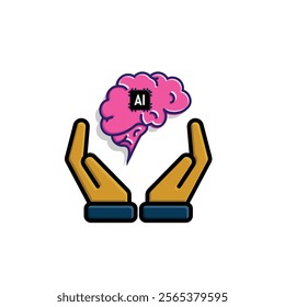 brain icon. brain and artificial intelligence in hand. Brain design and chip in the middle. Education, technology and protection vector design. colored flat design style