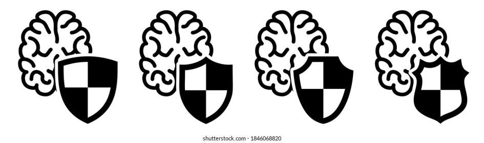 Brain icon behind shield, different versions. Thinking or mind protection concept