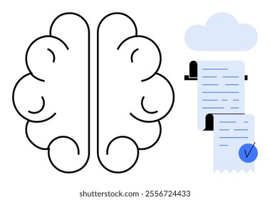 Brain icon beside a cloud with a long list emerging from it marked with a checkmark. Ideal for technology, cloud computing, data processing, artificial intelligence, innovation. Clean modern style