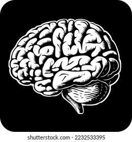 Brain icon in black and white over white