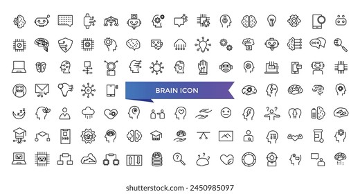 Brain icon collection. Related to mind, brainstorming, head, neuron, cognition, thinking, intelligence and more. Line vector icons set.
