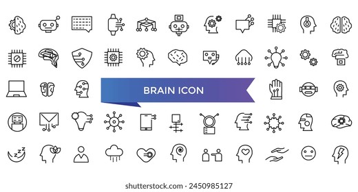 Brain icon collection. Related to mind, brainstorming, head, neuron, cognition, thinking, intelligence and more. Line vector icons set.