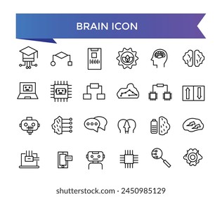 Brain icon collection. Related to mind, brainstorming, head, neuron, cognition, thinking, intelligence and more. Line vector icons set.
