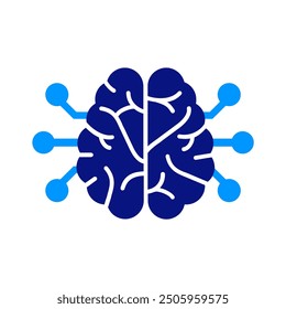 Brain icon with connections extending outward, deep blue and light blue colors, symbolizing AI intelligence, neural networks, thinking, structured and organized design, clean and modern.