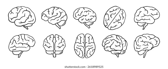 brain icon doodle hand drawn set. Outline drawing brain line clipart symbol collection. Vector illustration