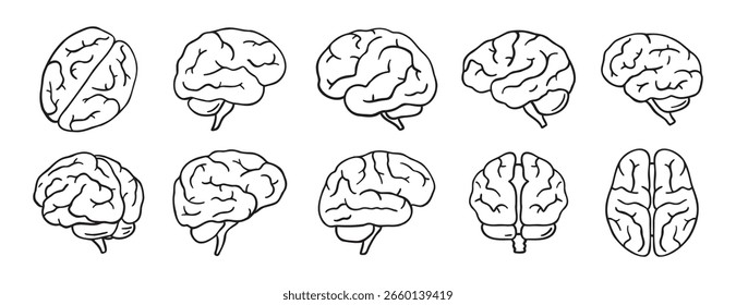 ícone do cérebro rabiscar desenho à mão. Coleção de símbolos de clipart da linha do cérebro do desenho do contorno. Ilustração vetorial