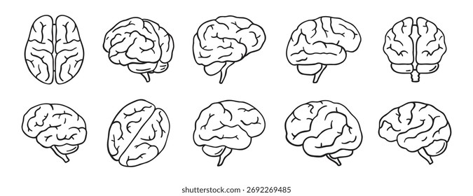 ícone do cérebro rabiscar desenho à mão. Coleção de símbolos de clipart da linha do cérebro do desenho do contorno. Ilustração vetorial