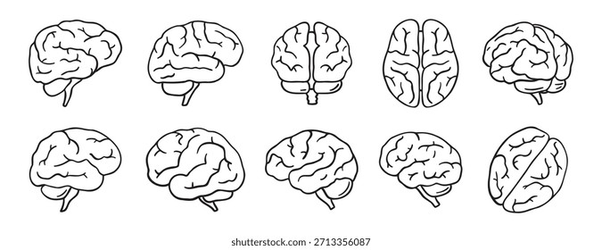 brain icon doodle hand drawn set. Outline drawing brain line clipart symbol collection. Vector illustration