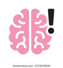 Icono del cerebro con signo de exclamación. Cerebro humano negro, signo rosa, símbolo. Anatomía, inteligencia, mente, memoria, concepto médico. Ilustración vectorial. Trazo editable. Elemento de decoración de diseño plano.