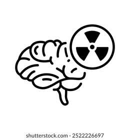 Ícone cerebral com símbolo de perigo radioativo, destacando a cautela e a consciência dos riscos emergentes hoje