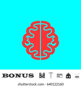 Brain icon flat. Red pictogram on blue background. Vector illustration symbol and bonus buttons Music center, corkscrew, credit card, house, drum