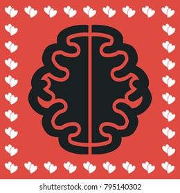 Brain icon flat. Simple black pictogram on red background with white hearts for valentines day. Vector illustration symbol