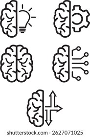 Pacote de ícones cerebrais—lâmpada, engrenagem, circuito, cognição, símbolos de decisão