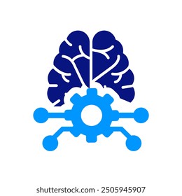 Brain icon with gear and neural connections, intricate yet clear design, blue and white colors, tech and cognition fusion, clean and modern, AI intelligence, digital connections.