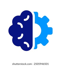 Brain icon with gear on the right side, bold and modern design, white and blue colors, split structure, tech representation, clean lines, AI concept, technology.