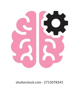 Icono del cerebro con rueda dentada. Cerebro humano negro, signo rosa, símbolo. Anatomía, inteligencia, mente, memoria, concepto médico. Ilustración vectorial. Trazo editable. Elemento de decoración de diseño plano.