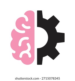Icono del cerebro con rueda dentada. Cerebro humano negro, signo rosa, símbolo. Anatomía, inteligencia, mente, memoria, concepto médico. Ilustración vectorial. Trazo editable. Elemento de decoración de diseño plano.