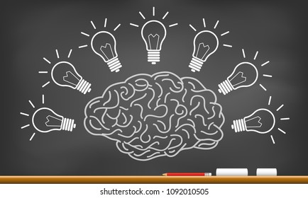 brain icon head with multiple light bulb sparking idea in business. creativity. drawing on blackboard background. open mind. Vector illustration