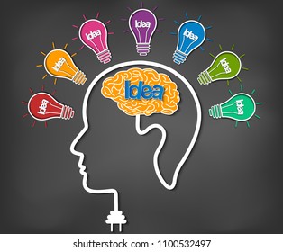 brain icon head with multiple light bulb sparking Many color idea in business. modern creativity. drawing on blackboard background. open mind. Vector illustration