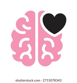 Icono del cerebro con forma de corazón. Cerebro humano negro, signo rosa, símbolo. Anatomía, inteligencia, mente, memoria, concepto médico. Ilustración vectorial. Trazo editable. Elemento de decoración de diseño plano.