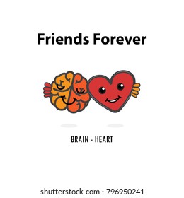Brain icon and heart vector logo design template.Heart and brain cartoon character with Friends forever concept.Vector illustration.