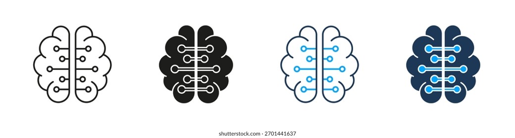 Icono del cerebro Línea de Inteligencia Humana y Conjunto de Iconos Sólidos. Pensamiento Neuronal Colección Cognitiva De Símbolos De La Mente. Ilustración vectorial aislada.