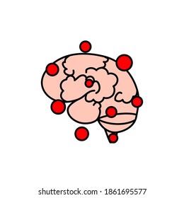 Brain icon, infection, red dots, meningitis, vector flat illustration.