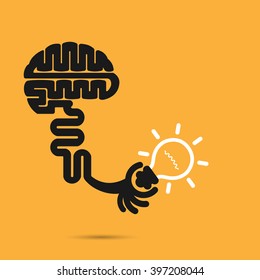 Brain icon and light bulb symbol. Creative brainstorm and knowledge concept. Business and education idea, innovation and solution, creative design.Vector illustration