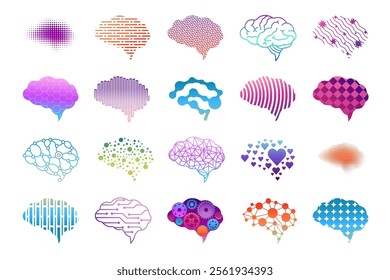 Brain icon. Logo innovate genius mind. Psychology sign. Brainstorm line symbol. Science data. Graphic memory. Emblem of human idea. Label of AI technology. Cerebrum neuron. Vector color pictograms set