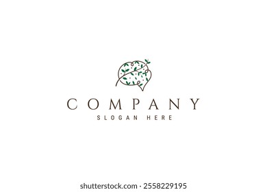 brain icon logo with natural leaf elements, brain health vector logo design in outline linear design