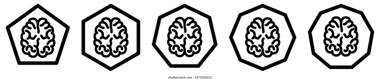 Brain icon in polygons with different number of edges. Intellect or thinking sign