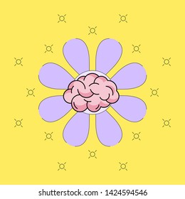 Brain icon with purple flower blossom background. Developing growth mindset concept. Vector illustration outline flat design style.