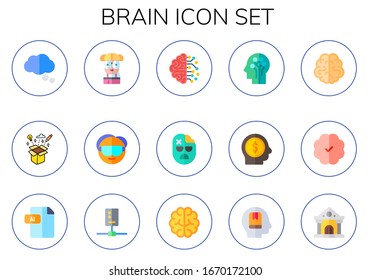 brain icon set. 15 flat brain icons.  Simple modern icons such as: thinking, creativity, nerd, scientist, artificial intelligence, zombie, head, ai, circuit, memorize, college