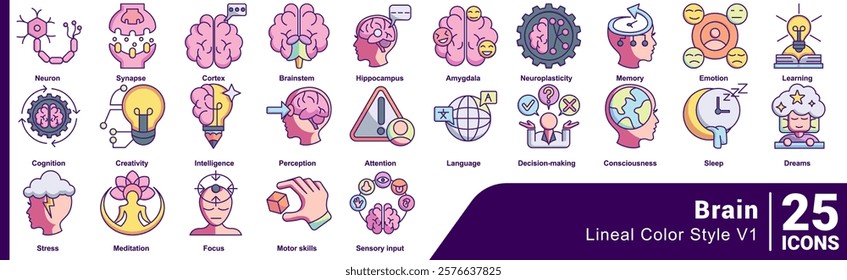 Brain icon set 25 in lineal Color style