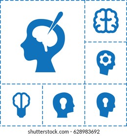 Brain icon. set of 6 brain filled icons such as keyhole in head, gear in head