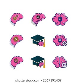 brain icon. set, brain and artificial intelligence. Brain design and chip in the middle. Education, technology and protection vector design. colored flat design style