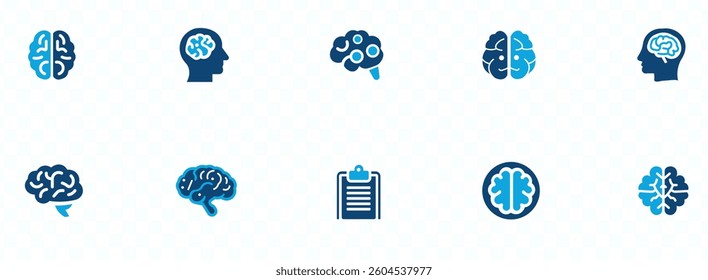 Brain icon set . Awareness, mental, intellect, neurology, wit, contemplation, mindset, smart, learning, solid vector