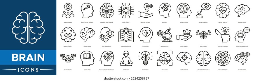 brain icon set. Brainstorming, Intellectual Growth, Artificial Intelligence, Intelligence, Problem Solving, Mind Map, Brain Activity and Smart Thinking