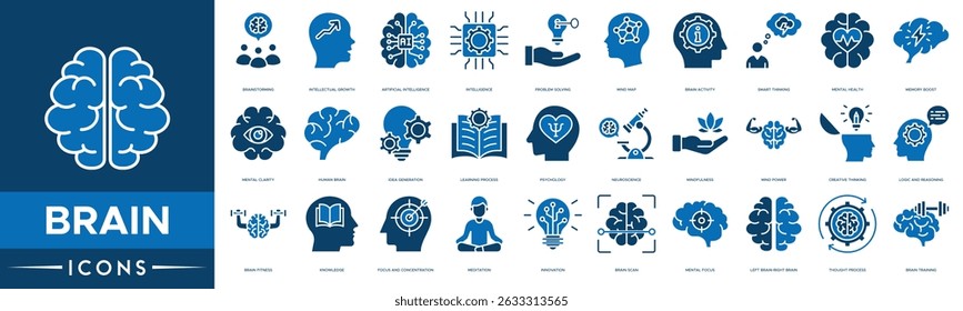 brain icon set. Brainstorming, Intellectual Growth, Artificial Intelligence, Intelligence, Problem Solving, Mind Map, Brain Activity and Smart Thinking