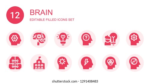 brain icon set. Collection of 12 filled brain icons included Thinking, Artificial intelligence, Idea, Mind, Intelligence, College, Brainstorm, Head