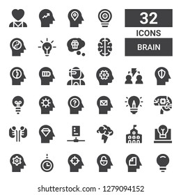 brain icon set. Collection of 32 filled brain icons included Idea, Mind, Hypnosis, College, Brainstorming, Circuit, Kidneys, Artificial intelligence, Thinking, Cyborg, Brain, Mental health