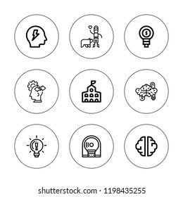 Brain icon set. collection of 9 outline brain icons with behavior, biologist, brain, brainstorm, college, creativity, idea icons. editable icons.
