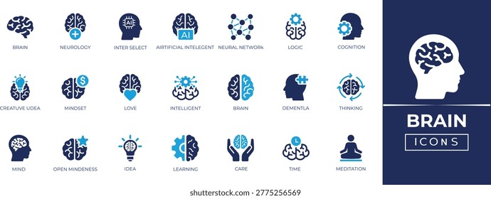 Brain icon set. Containing intelligence, learning, meditation, ducation, science, inspiration, innovation, and intelligence icons collection. Vector illustration.