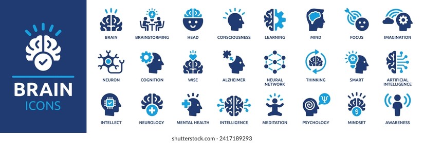 Brain icon set. Containing mind, brainstorming, head, neuron, cognition, thinking, intelligence and more. Solid vector icons collection.