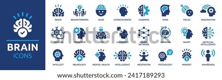 Brain icon set. Containing mind, brainstorming, head, neuron, cognition, thinking, intelligence and more. Solid vector icons collection.