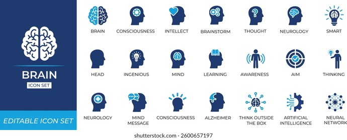 Brain icon set featuring cognition, thinking, intelligence, meditation,  brain,  and mental health symbols for education, science, imagination, brainstorming, and app design projects.