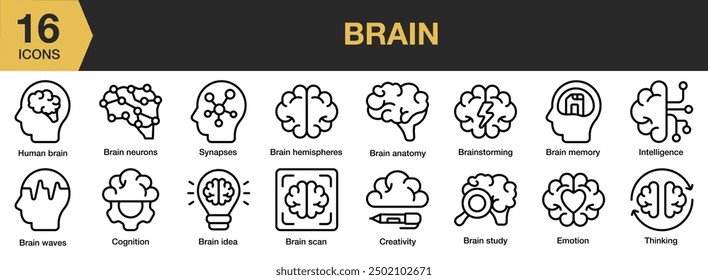 Brain icon set. Includes brain anatomy, brain idea, brain waves, creativity, cognition, and More. Outline icons vector collection.