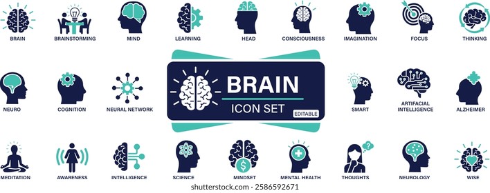 Brain icon set. mind, brainstorming, head, neuron, cognition, thinking, You can easily change the color