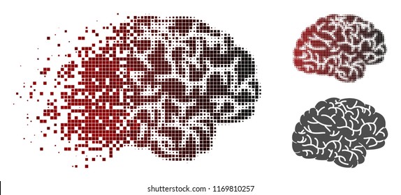 Brain icon in sparkle, pixelated halftone and undamaged entire variants. Particles are grouped into vector disappearing brain symbol.