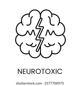 A brain icon in vector, divided by a lightning bolt with symmetrical curves, representing neurotoxicity and neural stress, with an editable stroke.